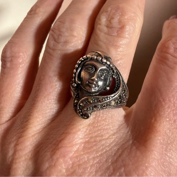 Antique Art deco 1920’s Sterling silver art Nouveau Flapper Face Ring - Picture 14 of 17